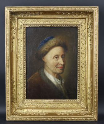 un tableau représentant un homme coiffé d'un chapeau bleu, dans un cadre doré