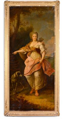 une image représentant un tableau où l'on voit une femme avec un chien dans un paysage