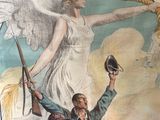 a large poster of a woman holding a bird and a man holding a gun