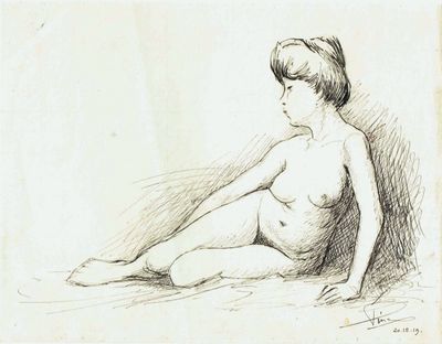dessin représentant une femme nue assise par terre, les jambes croisées
