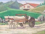 a painting of two oxen pulling a cart down a dirt road