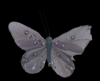 purple and silver butterfly decoration on black background with water droplets