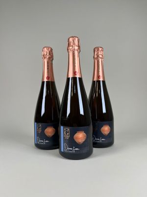 trois bouteilles de champagne posées sur une table devant un fond gris
