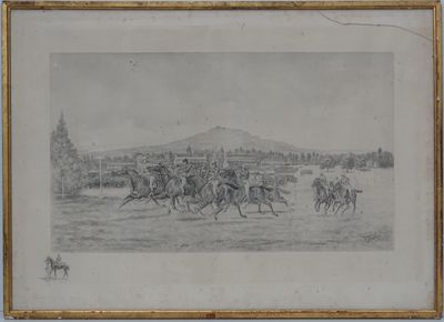 dessin représentant un groupe d'hommes à cheval dans un champ