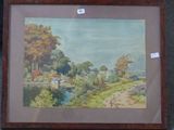 framed watercolor painting of a landscape with a river and trees