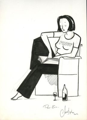 dessin représentant une femme assise sur une chaise avec une bouteille de vin