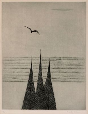 un dessin en noir et blanc représentant un oiseau survolant une étendue d'eau