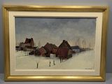 une image d'un tableau représentant un village dans la neige