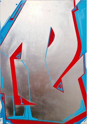 painting of the letter d in red, white, and blue on a white background