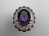 a close up of a ring with a purple stone surrounded by garnetts