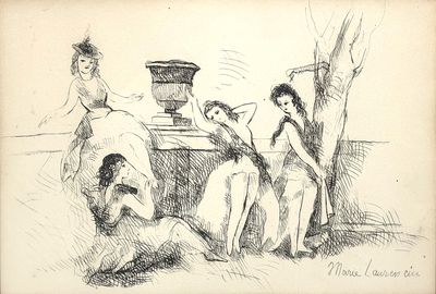 dessin représentant un groupe de femmes assises autour d'une table, avec un vase en arrière-plan