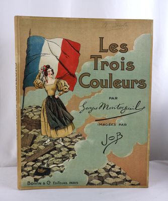 un vieux livre sur lequel figure l'image d'une femme tenant un drapeau français