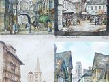 plusieurs photos d'une série de tableaux représentant des bâtiments anciens et des personnages