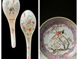 two spoons and a plate with a picture of a woman on them