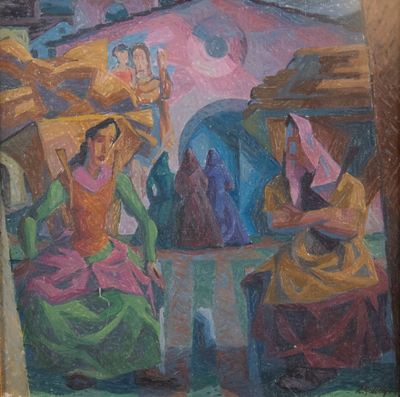 une peinture représentant un groupe de personnes assises autour d'une table