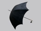a person holding an umbrella in the air on a cloudy day