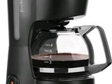 the coffee maker is black and has a glass carafeo pot