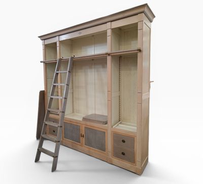 an image of a wooden entertainment center with a ladder