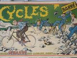 une affiche représentant un homme à vélo avec tout un groupe de personnes à l'arrière