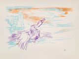 drawing of a bird flying over a body of water with a sunset in the background