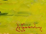 an oil painting of a green field with trees and grass