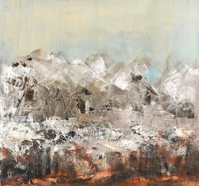 une peinture abstraite représentant une chaîne de montagnes sur fond de ciel