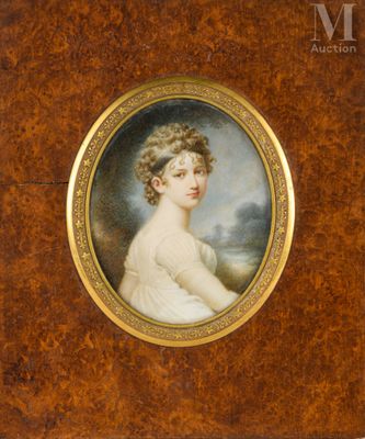 a painting of a woman in a white dress and a brown frame