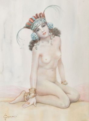 une image représentant un tableau d'une femme nue coiffée d'une coiffe à plumes