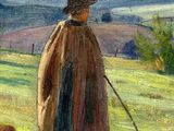 an oil painting of a man with a stick in a field