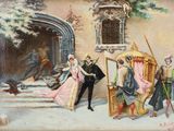 painting of a man and woman standing in front of a castle door