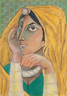 tableau représentant une femme aux cheveux blonds et portant un t-shirt vert