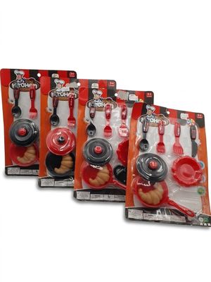 three packages of red and black kitchen utensils in plastic bags