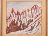 une peinture à l'huile représentant une chaîne de montagnes avec de la neige au sol