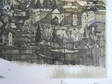 a picture of a drawing of a town on a hill