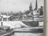 a painting of a boat on the water in the snow