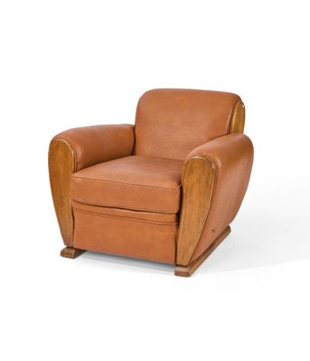 FAUTEUIL CLUB en simili cuir autruche fauve, oreilles, monta…