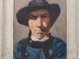 tableau représentant un homme coiffé d'un chapeau et vêtu d'une chemise bleue, en train de fumer une cigarette