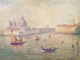 un tableau représentant des bateaux sur l'eau près d'une ville