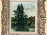 une peinture à l'huile représentant une scène fluviale avec un arbre au premier plan