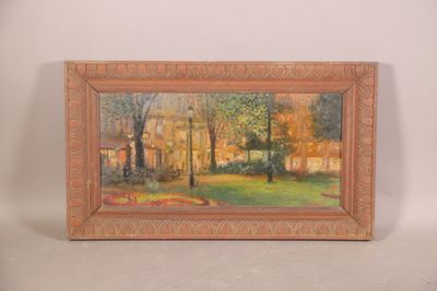 une image représentant un tableau d'un parc avec des arbres et un banc