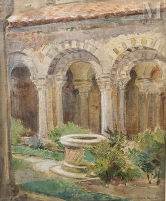 an image of a painting of a courtyard with arches and a fountain