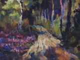 une peinture à l'huile représentant un chemin de terre dans une forêt, avec des arbres et des fleurs