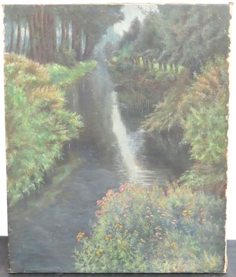 une peinture à l'huile représentant un ruisseau traversant une forêt verdoyante