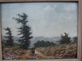 une peinture à l'huile représentant une personne debout dans un champ, avec des arbres en arrière-plan