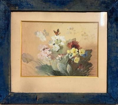 une photo d'un tableau représentant des fleurs, dans un cadre bleu