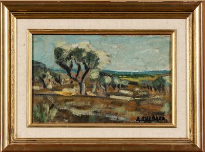 an image of a painting of a landscape with trees in the foreground