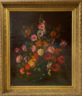 tableau représentant un bouquet de fleurs dans un cadre doré sur fond noir