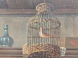 a painting of a bird in a birdcage hanging from the ceiling
