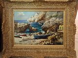 une image d'un tableau représentant un bateau sur la plage