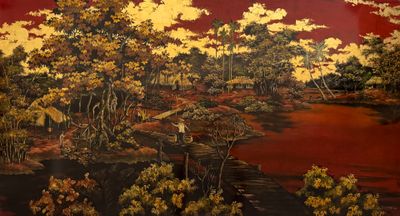 une image d'une peinture d'un paysage avec des arbres